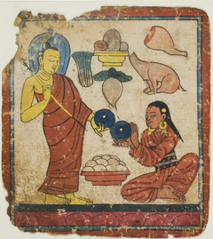 Lady Offering Food to a Monk, From a Set of Initiation Cards (Tsakali)