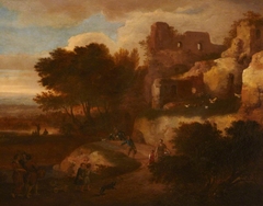 Landscape of Peasants and a Dog amongst Roman Ruins by Anonymous