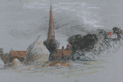 Landscape Study- a haystack near a church by Peter De Wint