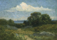 Landscape (trees and rocks by lake)