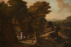 Landscape with a Stone Bridge and a Couple on Horeseback Embracing