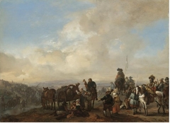 Landscape with Cavalrymen Crossing a Ford and Peasants taking Refreshment from a Wagon by Philips Wouwerman