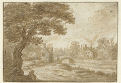 Landschap met huizen en een bruggetje by Unknown Artist