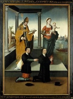 Linkerluik van het drieluik van de schuitenvoerders in de Sint Jacobskerk te Utrecht, met stichtersfiguren en heiligen