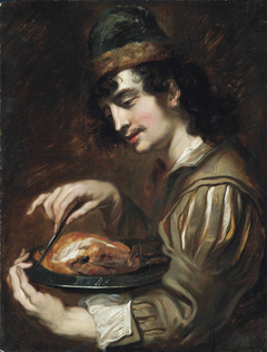 Man holding a pewter charger with a chicken by Jan Cossiers