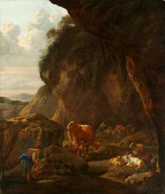 Mountainous landscape with shepherdess and cattle by Johann Heinrich Roos