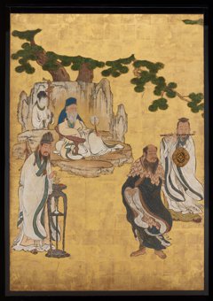 Old Man of the Southern Pole (under tree), Lü Dongbin (left), Zonglin Quan (center), Xue Shenwong (right) [center left of the set Daoist Immortals] by Kanō Sansetsu
