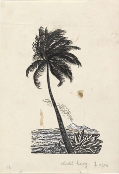Ontwerp boekillustratie voor Alexander Cohen's Van Anarchie tot Monarchie: Tropisch landschap met palmboom en vulkaan by Leo Gestel