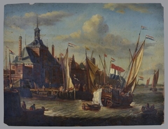 Ooster Oudehoofdpoort met op voorgrond aangemeerde zeilschepen en saluerend Statenjacht by Jan Bikkers