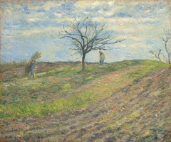 Ploughed Field in Winter with a Man Carrying a Bundle of Sticks