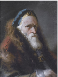 Portrait of an oriental, head and shoulders, wearing a bejewelled blue hat and a red fur-trimmed coat