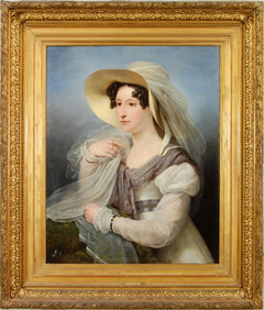 Portret van een jonge vrouw met Italiaanschen stroohoed op het hoofd by Ary Scheffer