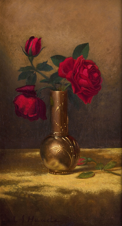 Red Roses in a Japanese Vase on a Gold Velvet Cloth by Martin Johnson Heade