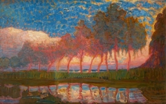 Row of eleven poplars in red, yellow, blue and green by Piet Mondrian