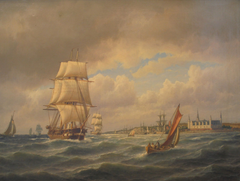 Seascape with numerous ships in the Sound off Kronborg, Denmark.