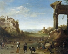 Shepherds with their Flocks in a Landscape with Roman Ruins by Cornelius van Poelenburgh