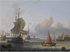 Shipping on the IJ, with Amsterdam mill De Bok on the bulwark Leeuwenburg (also called Blauwhoofd) in the middle, and the Toll house at the right by Ludolf Bakhuizen