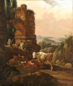 Southern landscape with shepherdess and cattle at a ruin by Johann Heinrich Roos