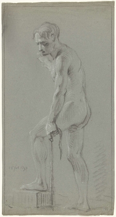 Staand mannelijk naakt, de linkervoet op een blok, trekkend met de linkerarm by Unknown Artist