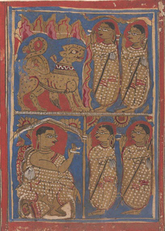 Sthulabhadra as a Lion in a Cave With His Sisters (top) / Sthulabhadra's Sisters Before Bhadrabahu (or Sthulabhadra) (bottom); Page from a Dispersed Kalpa Sutra (Jain Book of Rituals)