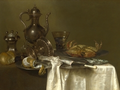 Still Life: Pewter and Silver Vessels and a Crab by Willem Claeszoon Heda