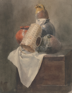Still Life- Pots, Basket and Cloth on a Chest by Peter De Wint