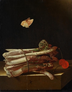 Still life with asparagus, cherries and a butterfly by Adriaen Coorte