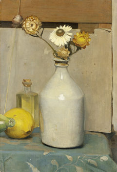 Still life with flowers, lemon and a piggy-bank by Piet Meiners