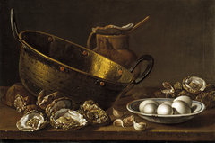 Still Life with Oysters Garlic Eggs Pot and Pan by Luis Egidio Meléndez