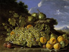 Still Life with Plate of Grapes Peaches Pears and Prunes in a Landscape by Luis Egidio Meléndez
