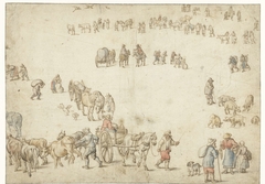 Studieblad met boerenwagens, vee, landlieden en ruiters by Jan Brueghel I