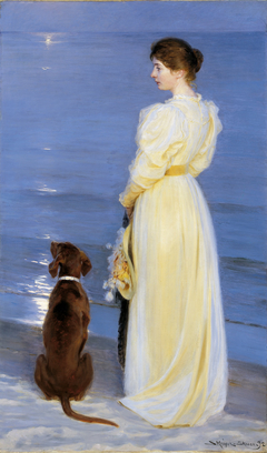 Summer Evening at Skagen. The Artist's Wife and Dog by the Shore by Peder Severin Krøyer