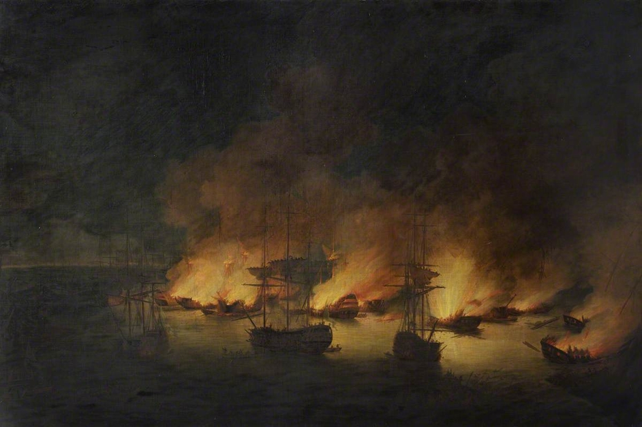 The burning of the Turkish fleet in Chesme Bay, 7 July 1770