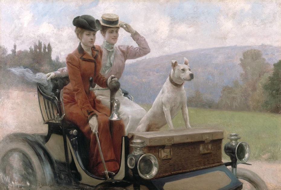 The Goldsmith Ladies in the Bois de Boulogne in 1897 on a Peugeot cart