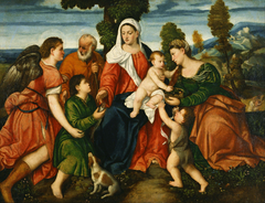 The Holy Family with Tobias and the Angel, Saint Dorothy, Giovannino, and the Miracle of the Corn beyond by Bonifacio de' Pitati