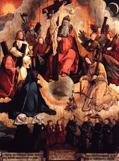 The Holy Trinity with Angels, Saints, and donor family Bubenhofen (before 1523) by Master of Meßkirch