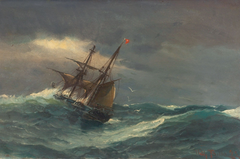 Topsailschooner in rough weather, taking the wind from the port. by Vilhelm Bille