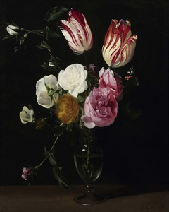 Tulips and roses with butterflies in a glass vase by Daniel Seghers