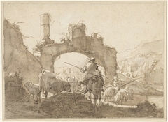 Twee herders drijven hun vee door een rivier by Johann Heinrich Roos