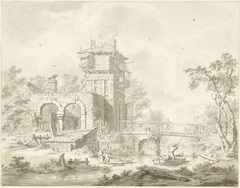 Vervallen poortgebouw met brug by Bartholomeus Barbiers