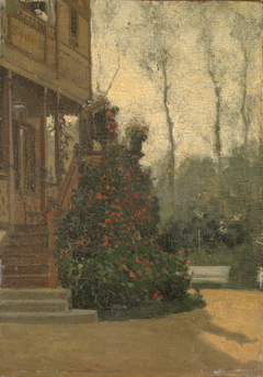 View of the back of a house with a garden by Willy Martens