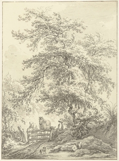 Vrouw met paard bij hek onder grote boom by Egbert van Drielst