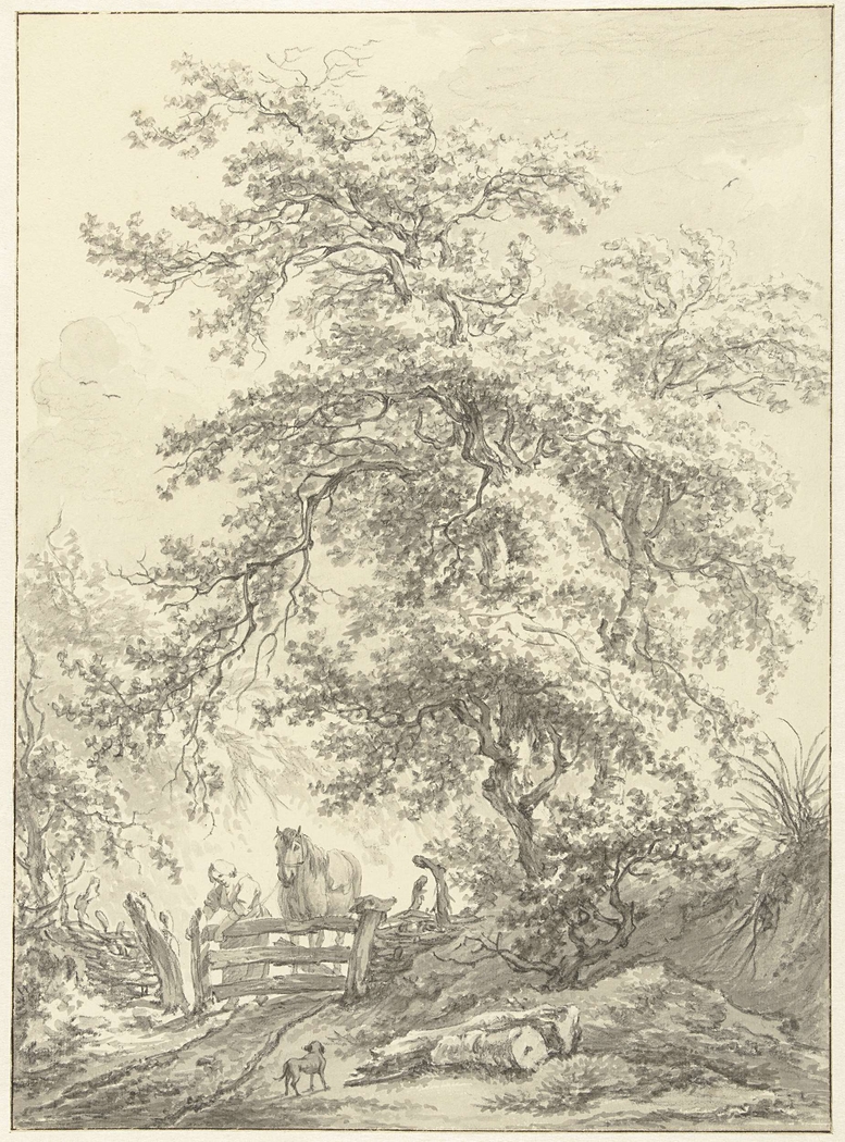 Vrouw met paard bij hek onder grote boom