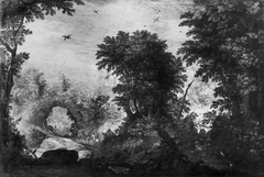 Waldlandschaft mit der Fabel "Der Adler und der Rabe" by Pieter Schoubroeck