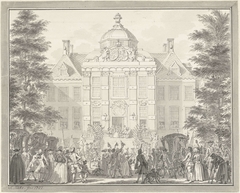 Willem V vertoont zich als Ridder in de Orde van de Kouseband op het bordes van Huis ten Bosch, 1752 by Simon Fokke