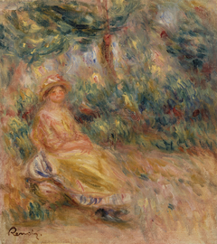 Woman in Pink and Yellow in a Landscape (Femme en rose et jaune dans un paysage) by Auguste Renoir