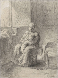 Zittende vrouw met baby bij een open raam