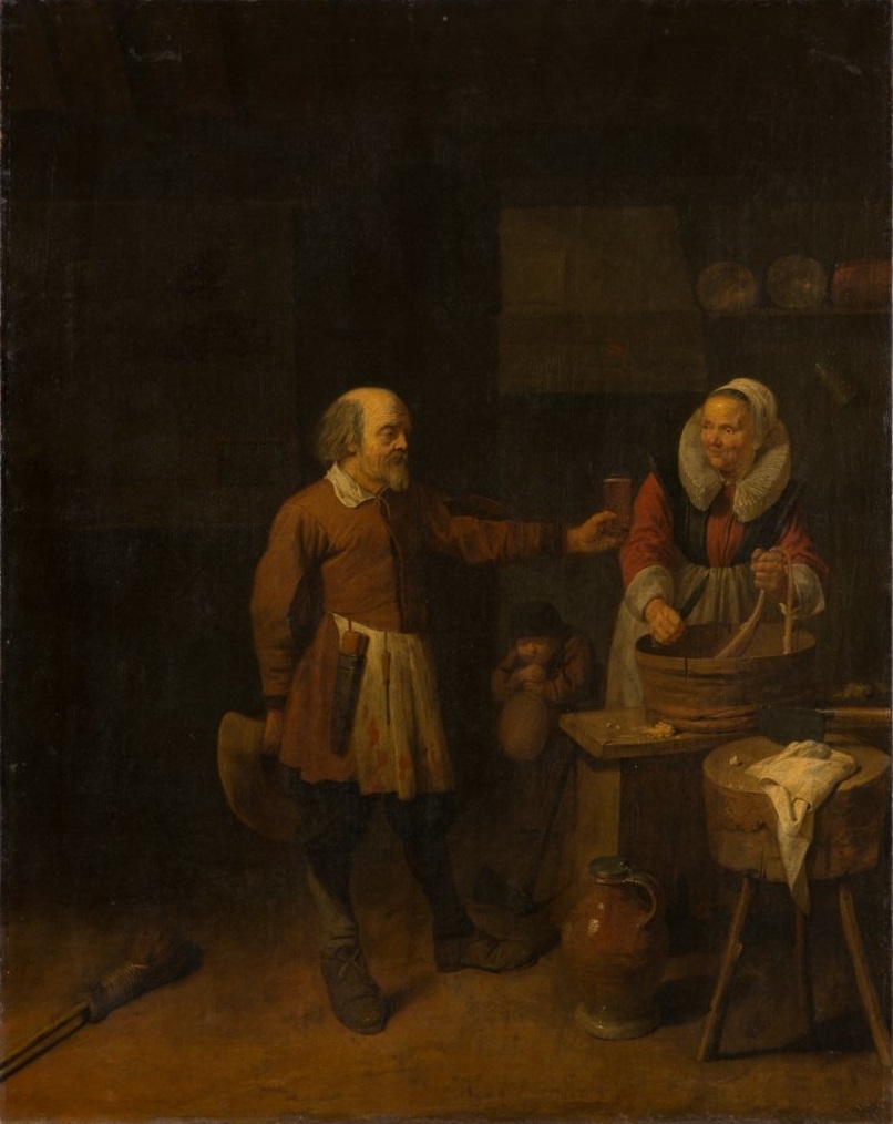 A Butcher Offering a Woman a Glass of Beer