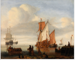 A Dutch Yacht with Fishing Boats off a Jetty by Gerrit Pompe