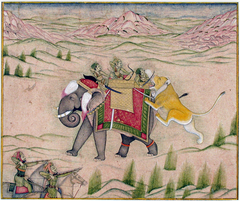 A lion attacks a hunting party atop an elephant by Anonymous